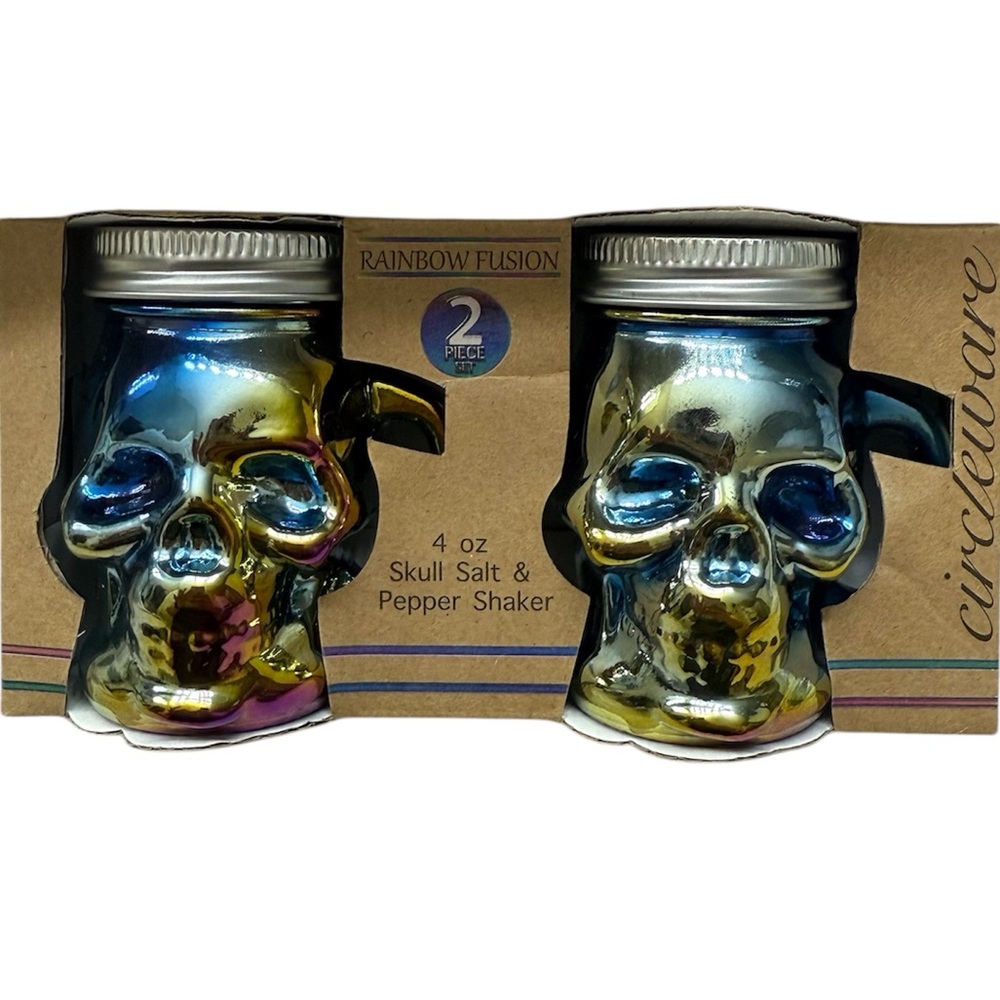 4 oz SKULL Salt & Pepper Shakers Rainbow Fusion 2 Piece Set by CircleWare NIB